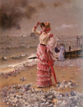 Alfred Stevens Painting - Femme Elegante Voyant Filer Un Vapeur lady Belgian painter Alfred Stevens